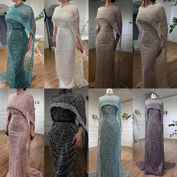 Dubai Arabia Nude Mermaid Long Cape Luxury Evening Dresses Gowns - Picture 9 of 16